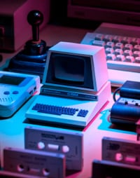 old computers in a neon lighting, like an 80s theme